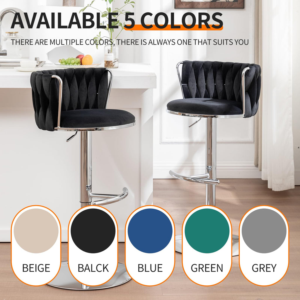 Velvet Bar Stools Set of 2, Counter Height Bar Chairs with Low Back, Swivel Barstools Island, Bar Pub (Black)
