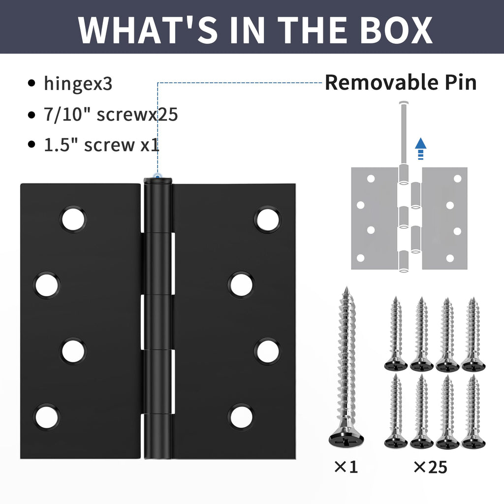 3 Pack Matte Black Door Hinges 4 Inch, Exterior Door Hinges Square Corners