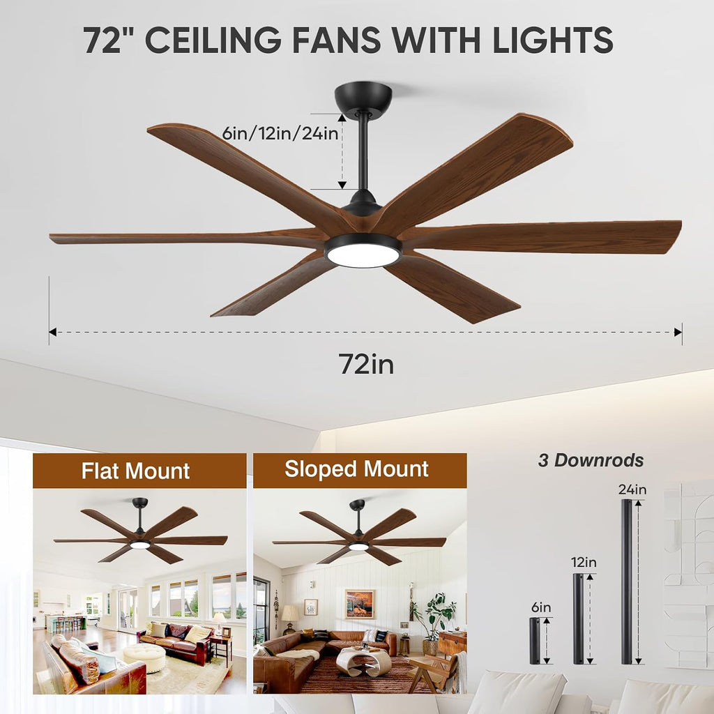 72" Ceiling Fan with LED Light and Remote - Walnut Smart