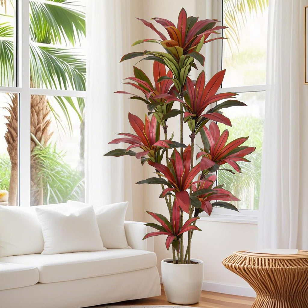 Artificial Dracaena Tree 7ft(84in) Tall Large Faux Silk Plants with Realistic Trunks and Red Leaves, Fake Floor