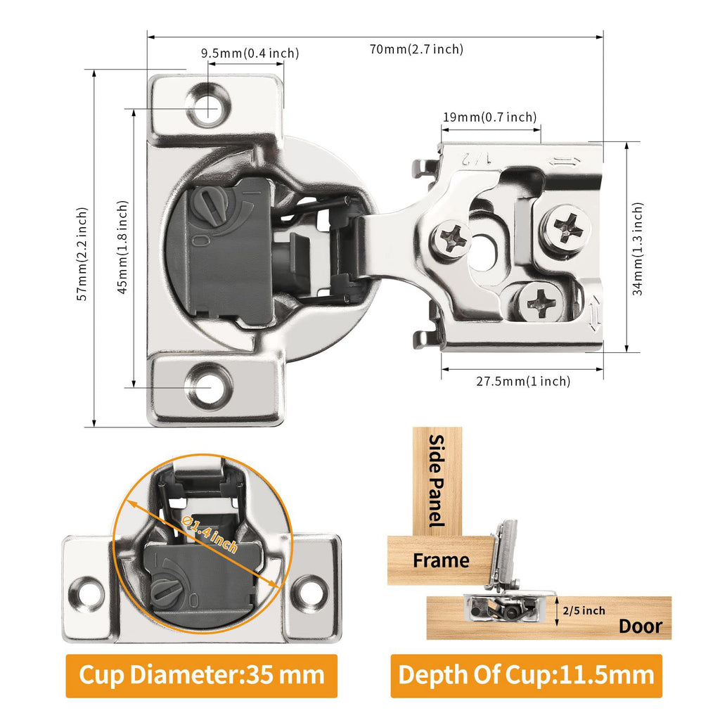 2 Pack 3/4" Overlay 4D Soft Close Concealed Hinges for Face Frame Door, Nickel, Satin Brass Plated, Modern, Satin