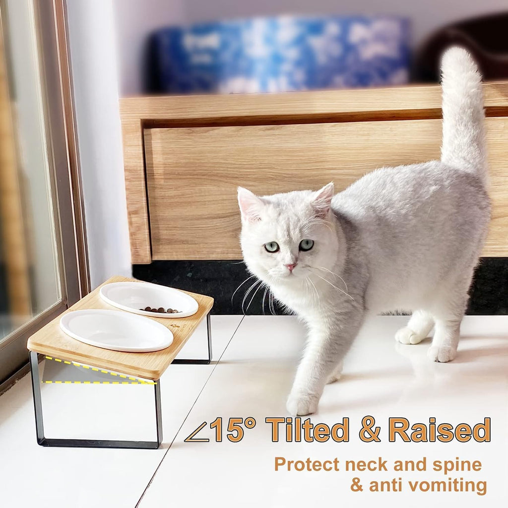 Ceramic Elevated Cat Bowls Raised Puppy Dishes for Food and Water Tilted Wooden Stand for Indoor Cats 5.5 inch Wide