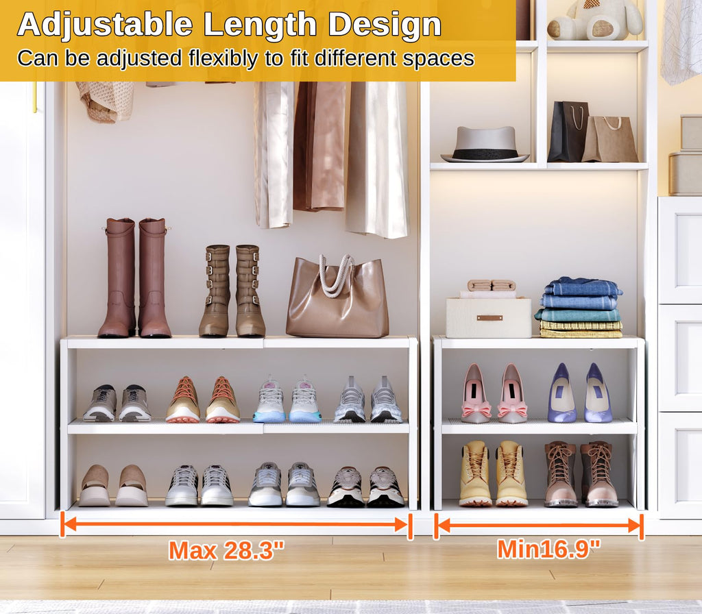 2 Pack White Shoe Rack for Closet, 2-Tier Expandable Small Shoe Shelf, Stackable Iron Wood Combination Shoe Organizer