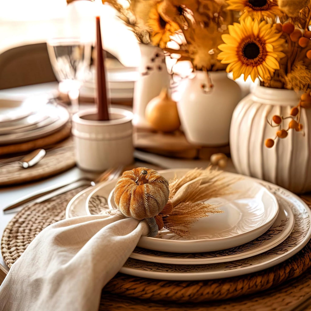 Velvet Pumpkin Napkin Rings Boho Rustic Fall Napkin Holders for Thanksgiving Friendsgiving Autumn Weddings - Set of 8