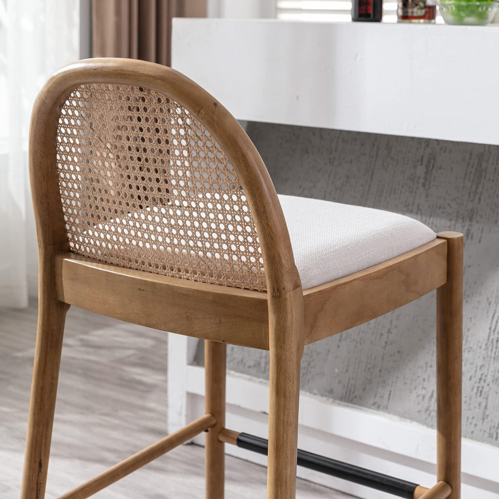 Modern Bar Stools Set of 2, 29 Inches Bar Height Barstools with Rattan Back, Linen Upholstered Kitchen Island Chair