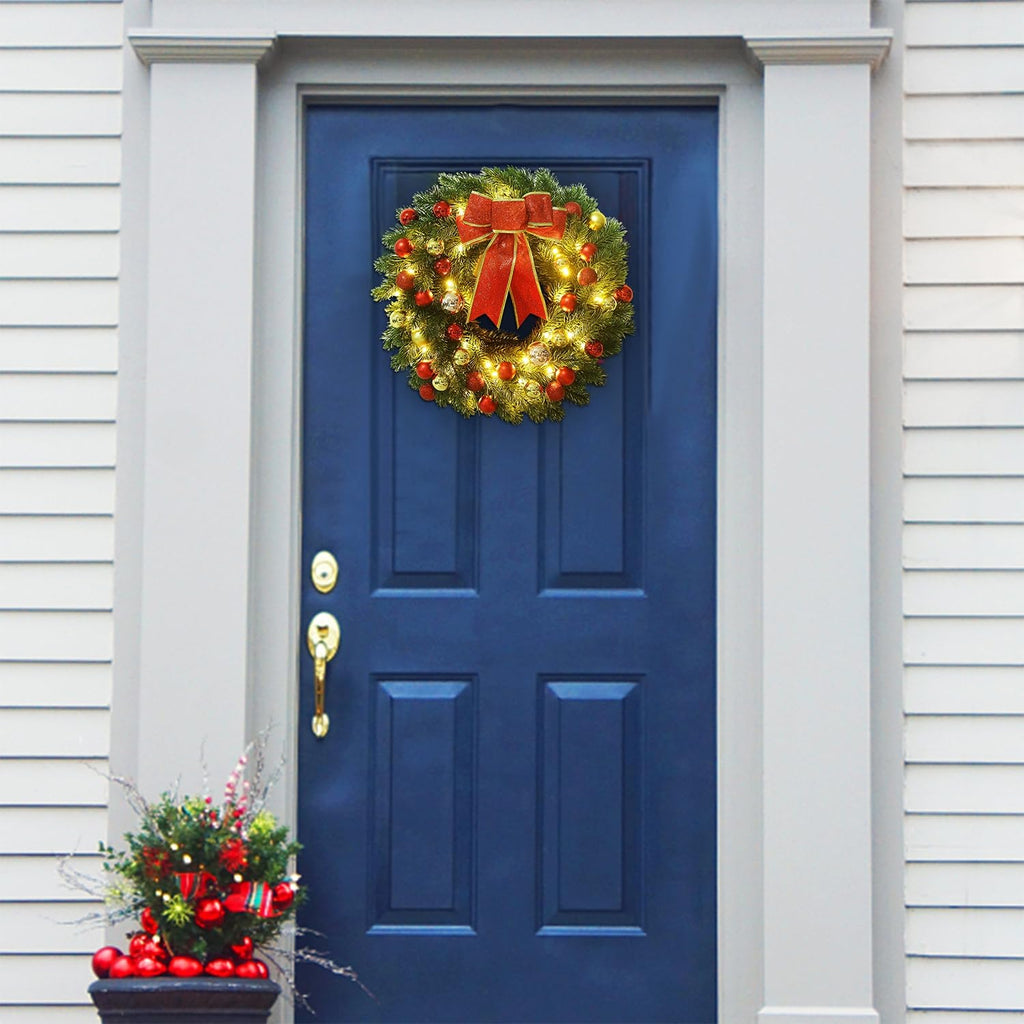 16 Inch Pre-Lit Christmas Wreath with Metal Hanger, Large Red Bow and Colored Balls, Battery Operated with Warm White
