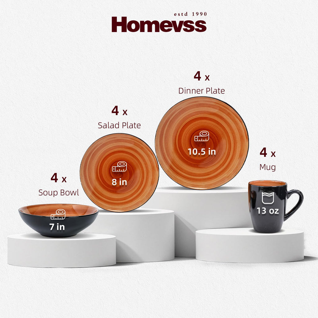 Sonoma Stoneware Dinnerware Set, outside Black plus inside Hand Painting Color, 16pc Set, Spice