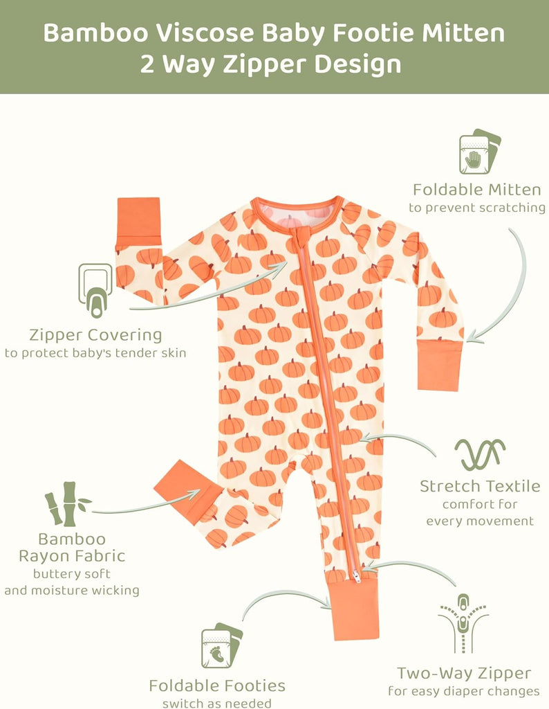 Toddler Pajamas Viscose Bamboo Baby Long Sleeve Romper Footed with Mittens Boys Girls Jumpsuit 2 Way Zipper Pjs