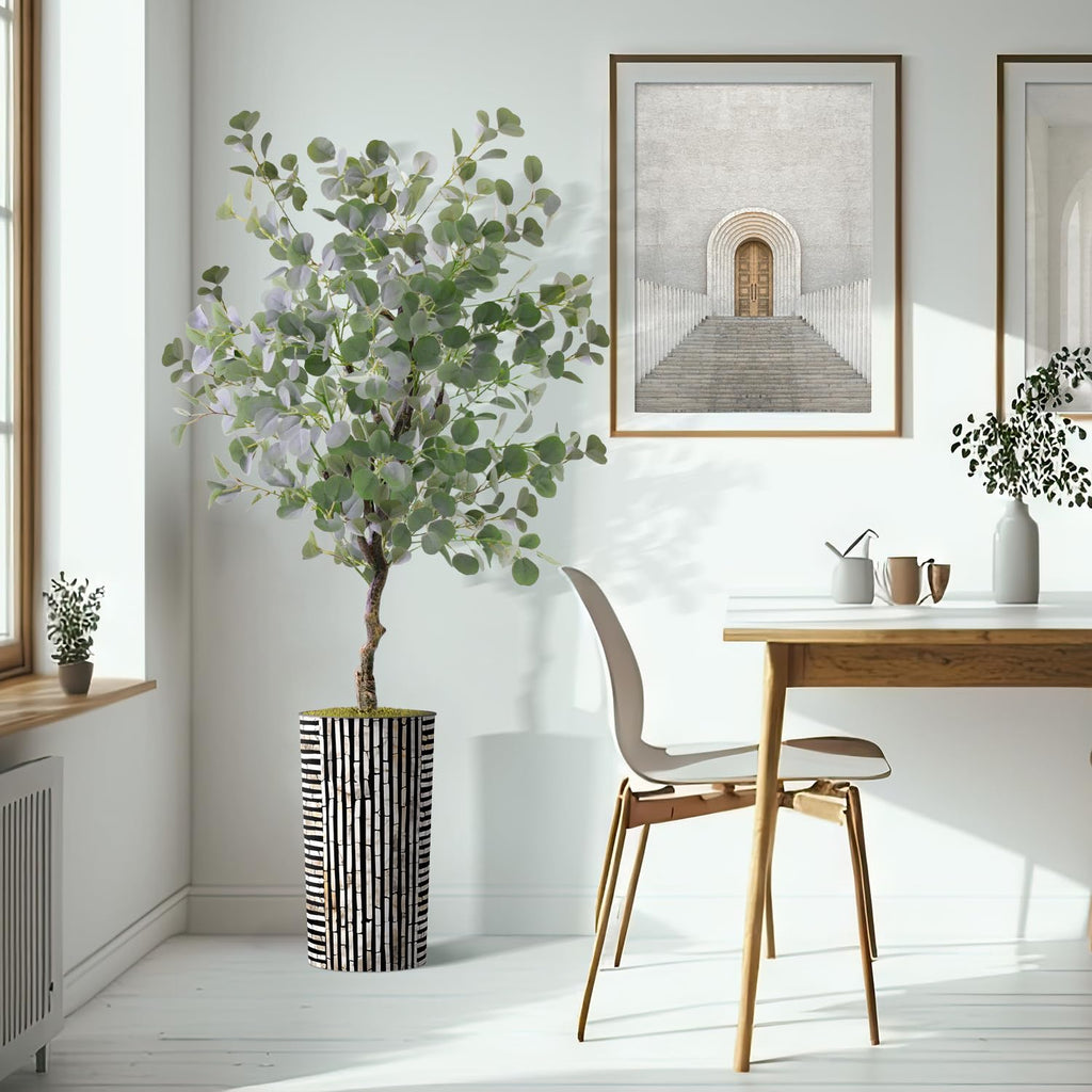 Artificial Tree in Black and Brown Striped Planter, Fake Eucalyptus Silk Tree for Indoor and Outdoor Home Decoration