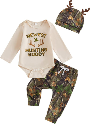 Newborn Baby Boy Clothes Hunting Long Sleeve Romper Shirt Tops Pants Fall Winter Outfits Hat Set