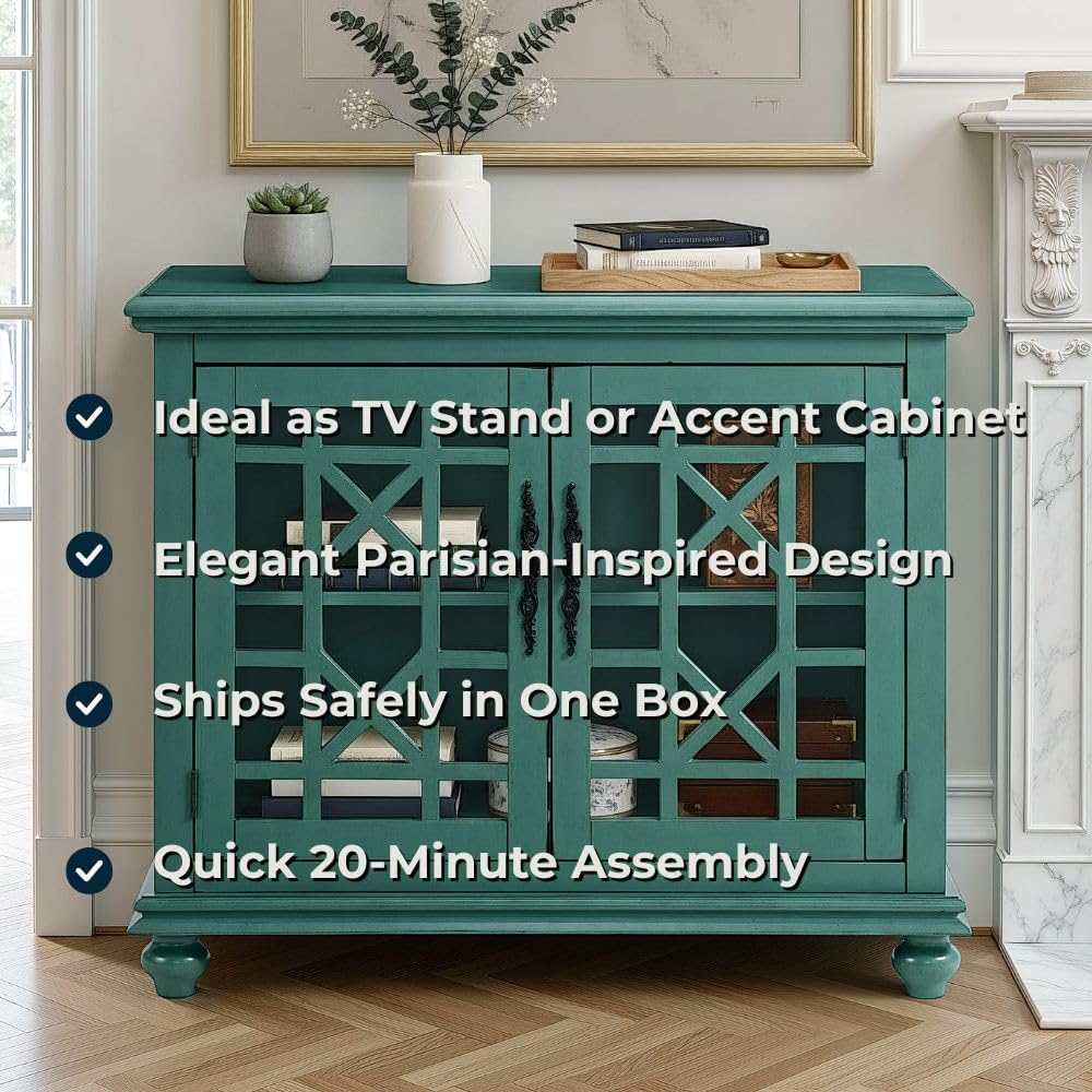 Elegant Small Spaces Accent Cabinet, Teal Green | Solid Wood, Glass Doors, Vintage Sideboard, Small TV Stand , Turned