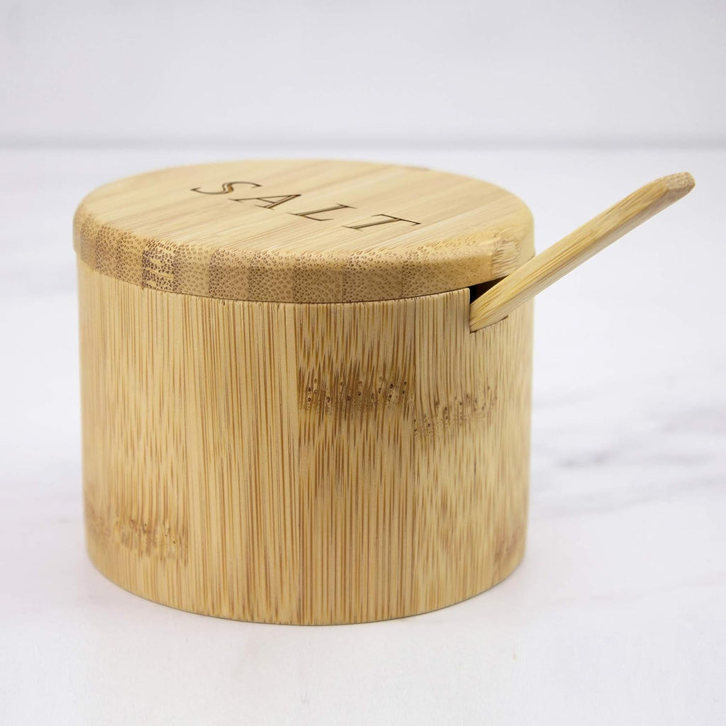 Salt Cellar Bamboo Storage Box with Magnetic Swivel Lid, 6 Ounce Capacity, Engraving on Lid, Includes Salt Spoon