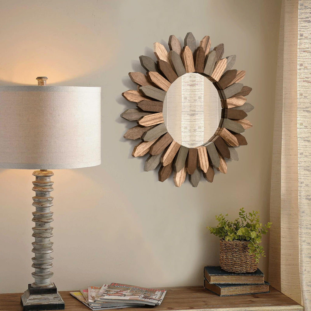 Boho Wall Decor Mirror 2 Pack 12 inch Rustic Wood Decorative Mirror for Room Decor Rustic Farmhouse Wall Decor