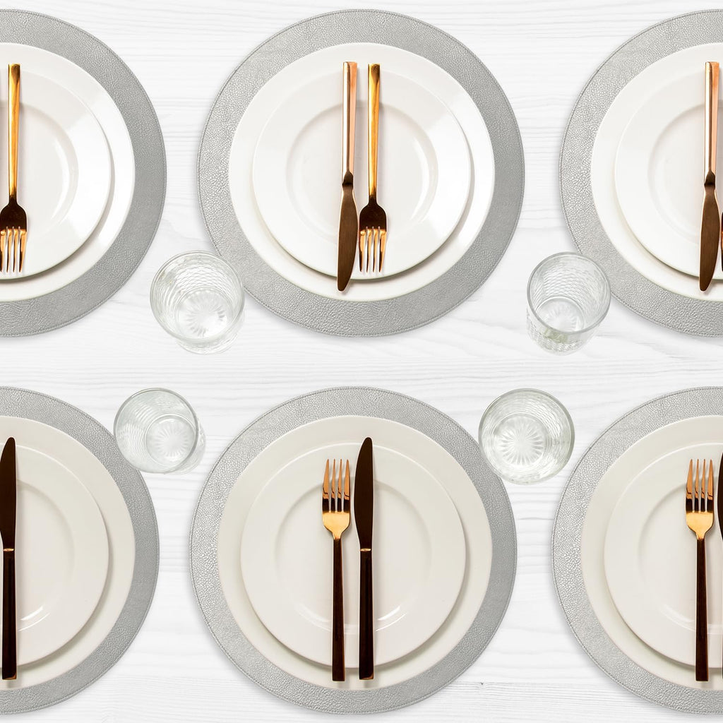 Morgan Faux Leather Round Placemats, 15", Silver, Heat Resistant, Stain Resistant, Non-Slip, Reversible - Set of 12
