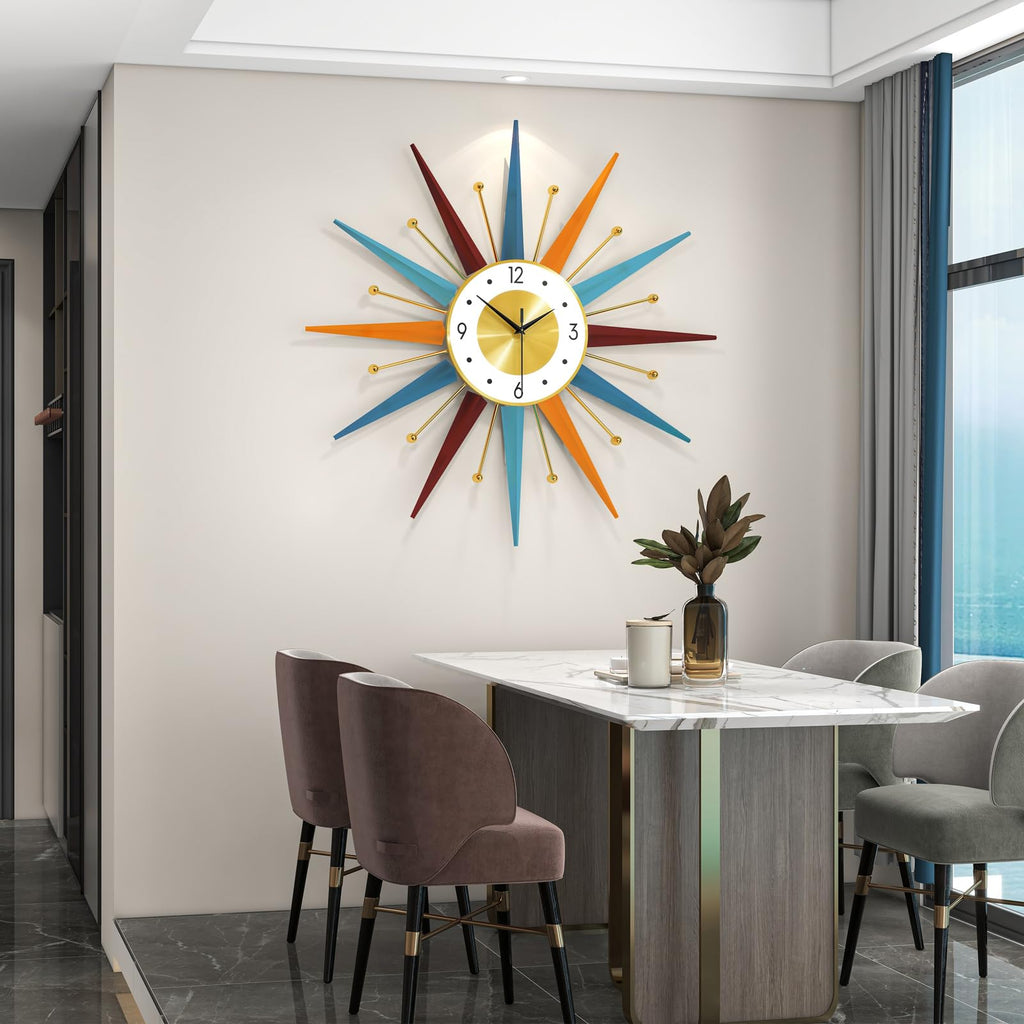 Large Starburst Wall Clock Decor 24 Inch Metal Decorative Mid Century Wall Clcok Big Modern Silent Quality Quartz