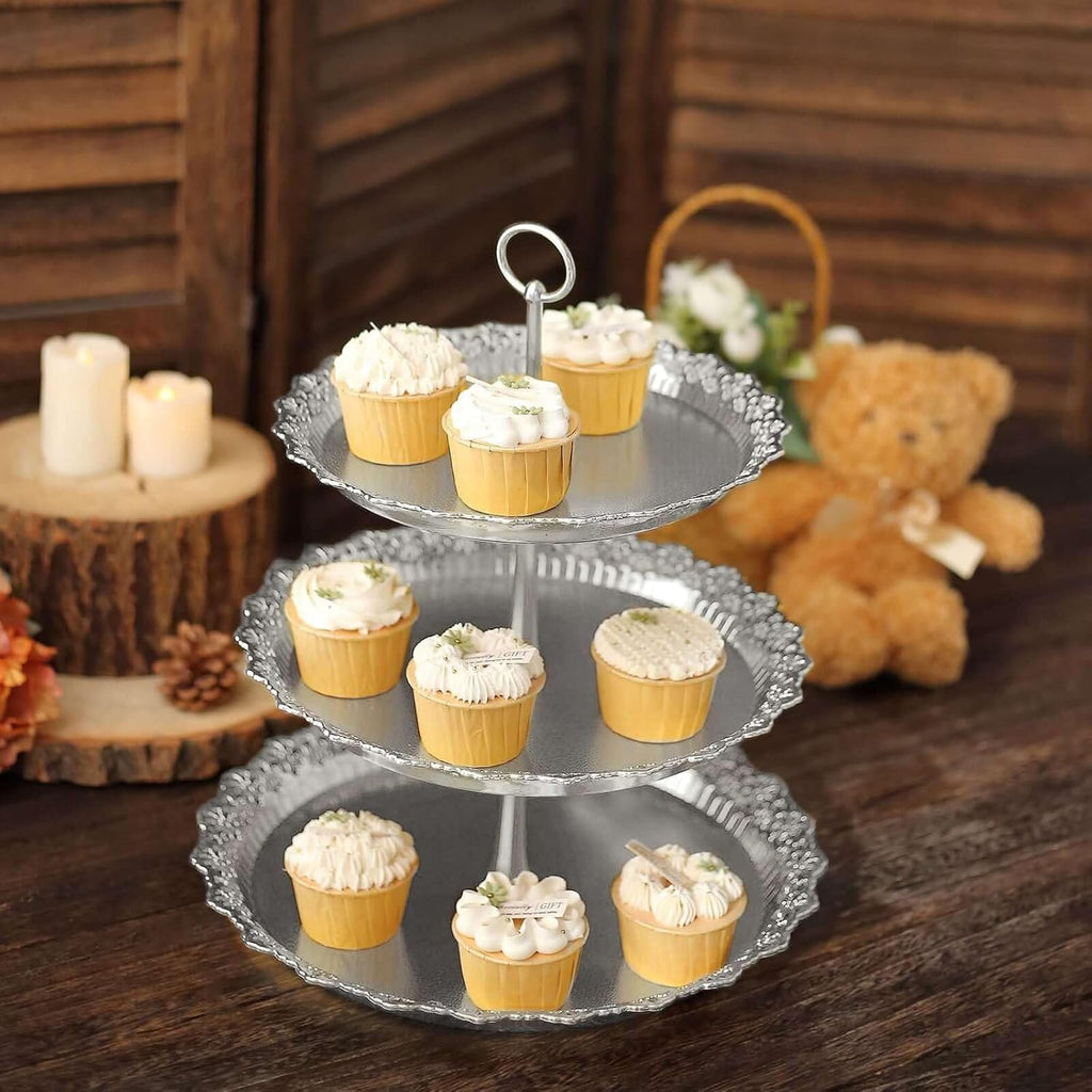 3-Tier Silver Cupcake Stand Lace Cut Scalloped Edge Dessert Tower, Decorative Baby Shower Pastry Display - 15" Tall - Set of 3