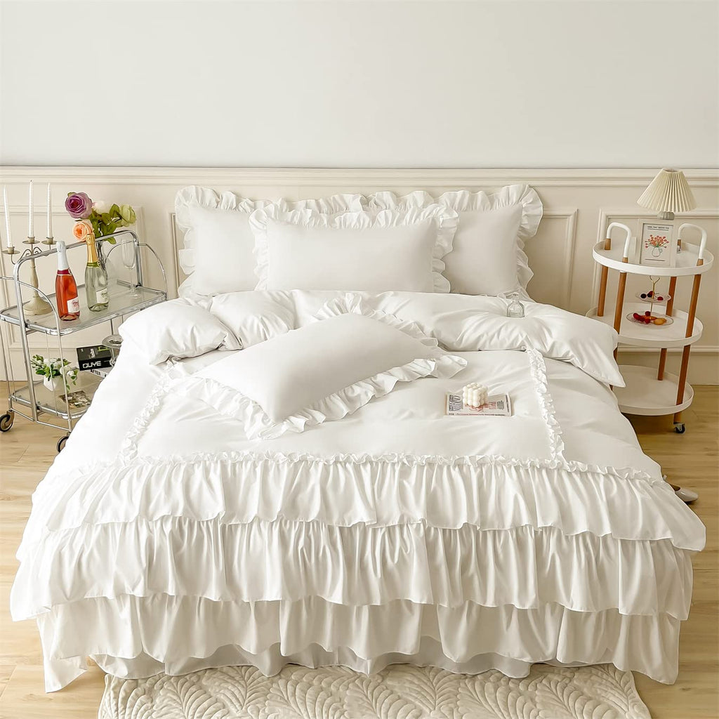Ruffle Duvet Cover, 100% Washed Microfiber 3pcs Bedding Duvet Cover Set, Shabby Chic Farmhouse Duvet Cover