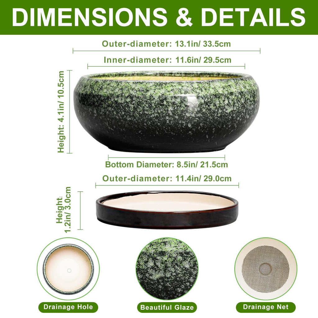 Bonsai Pots - 13 Inch Ceramic Succulent Planters Indoor, Round Shallow Planter with Drainage Hole and Saucer, Large