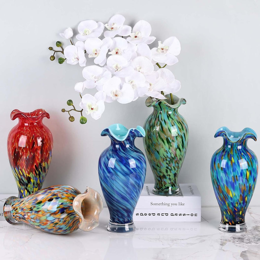 12.2H Murano Hand Blown Glass Vase, Ruffled Scalloped Rim Wide Mouth Colorful Decorative Flower Vase, Large Glass