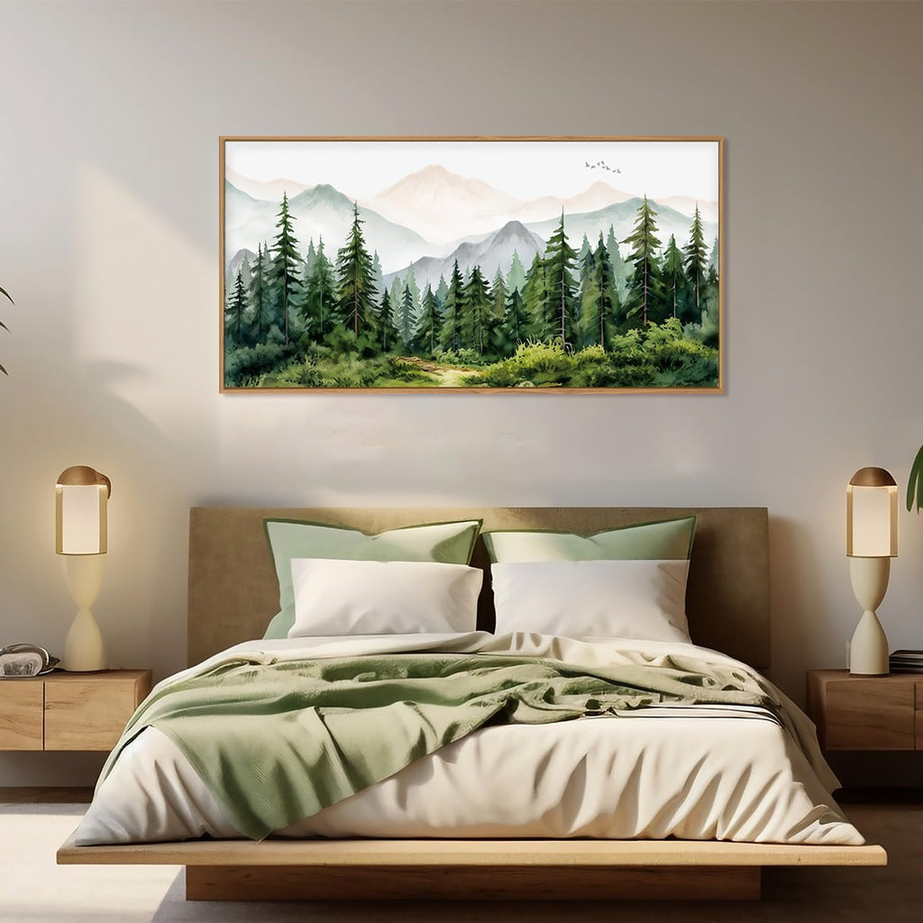 Green Forest Tree Mountain Range Framed Canvas Wall Art, Watercolor Nature Wall Decor, Woodland Nursery Wall