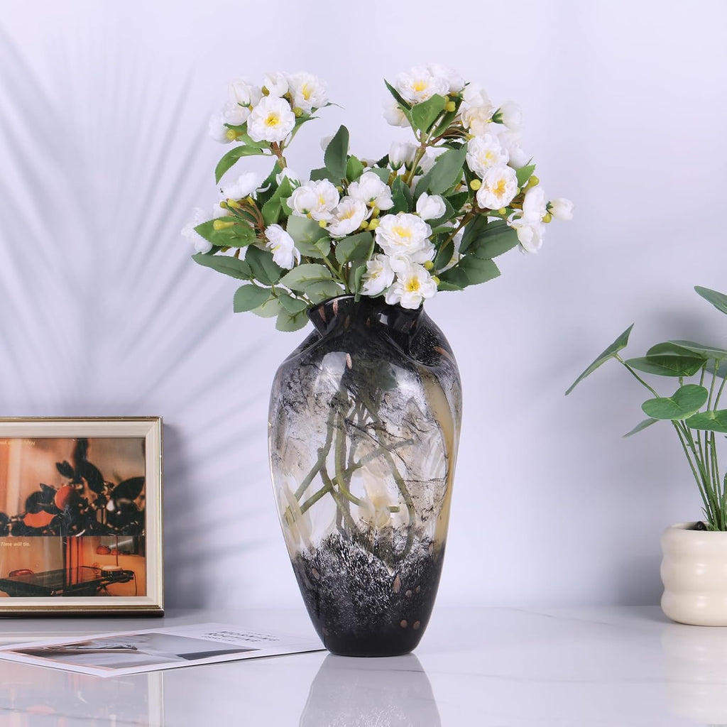 Murano Style Glass Vase, Hand Blown Decorative Art Vase with Ruffled Opening for Flowers, Shelf Tabletop Mantel