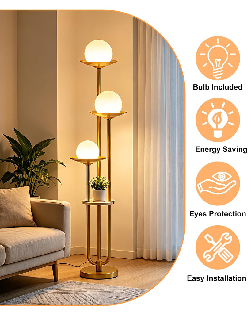 3-Globe Floor Lamp with Table Modern Gold Dimmable Floor Lamps