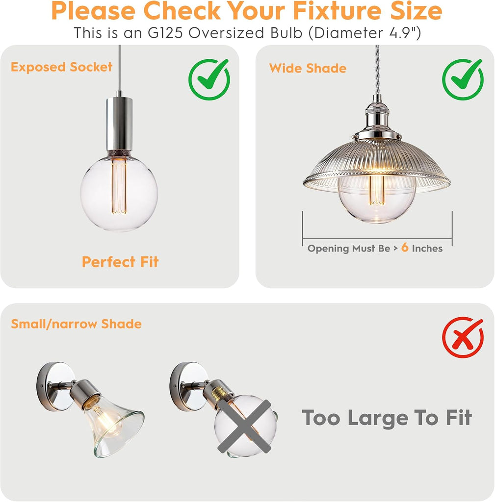 Large Light Bulb Round Vintage Edison LED Dim Soft Warm Clear G125