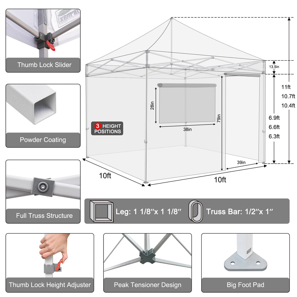 USA 10x10 Pop Up Canopy Tent, Commercial Tent with Patented No-Tip Rolling Bag, 4 Zippered Removable Walls, UV & Water