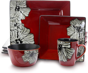 S Luxurious Red Winter Bloom 16 Piece Dinnerware Set with Complete Settign for 4