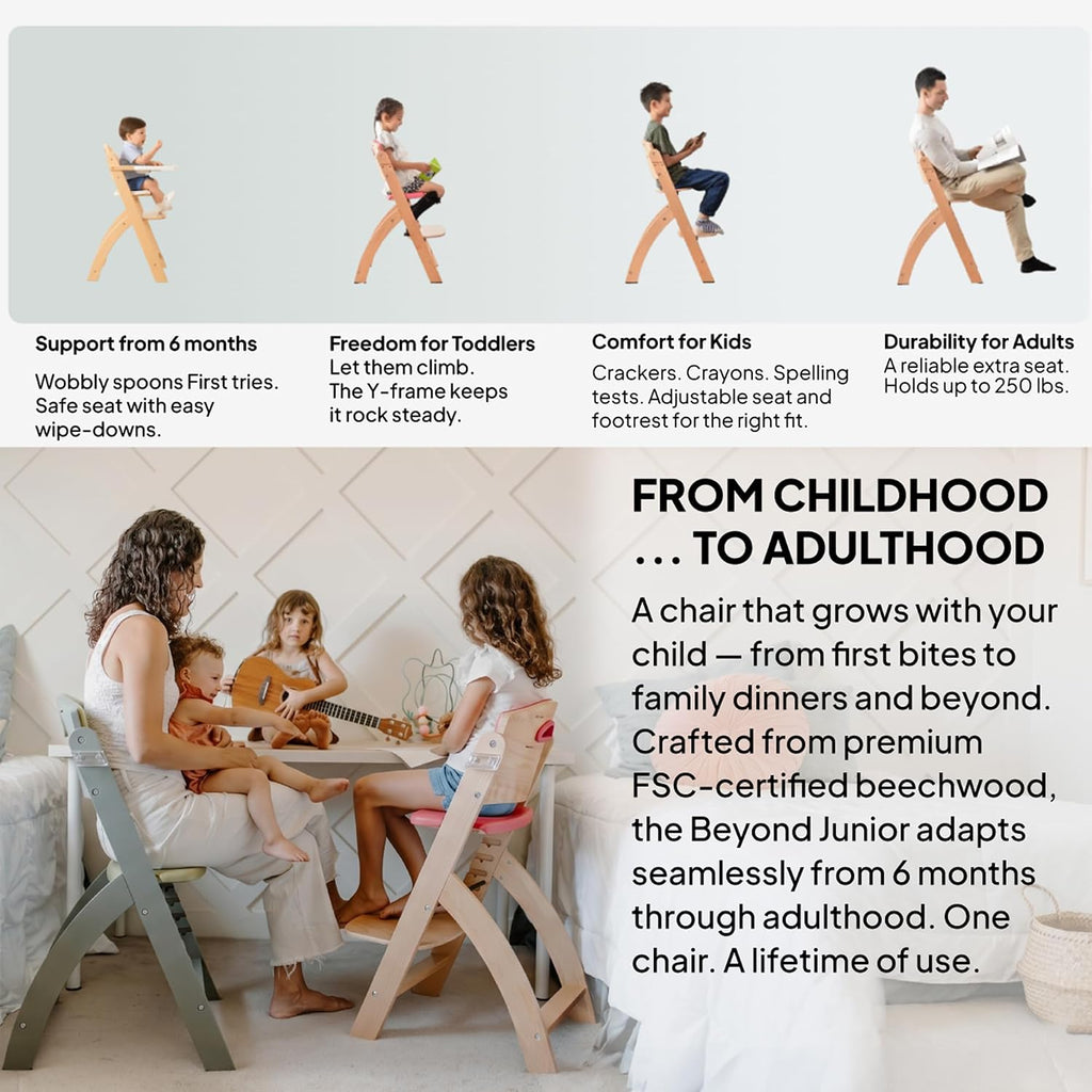 Beyond Junior Convertible Wooden High Chair with Removable Tray | 3-in-1 Adjustable Highchair for Babies & Toddlers