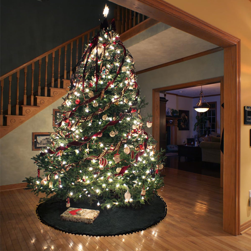 Christmas Tree Skirt, Black Christmas Tree Skirt 48 inches Soft Double Layer Burlap Tree Skirt with Pom Pom
