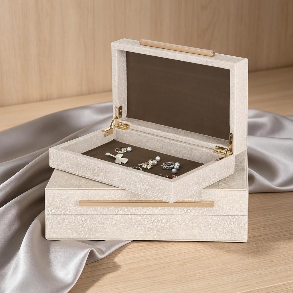 Faux Ivory Shagreen Decorative Boxes, Elegant Jewelry Organizer with Lids, Velvet Lining and Golden Handles - Set of 3