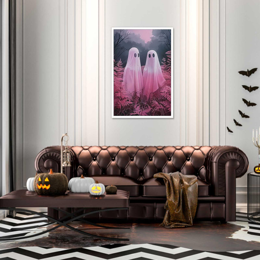 Retro White Two Ghost Posters Cute Horror Scary Wall Art Two Ghosts Wandering In The Plant Forest During The Day