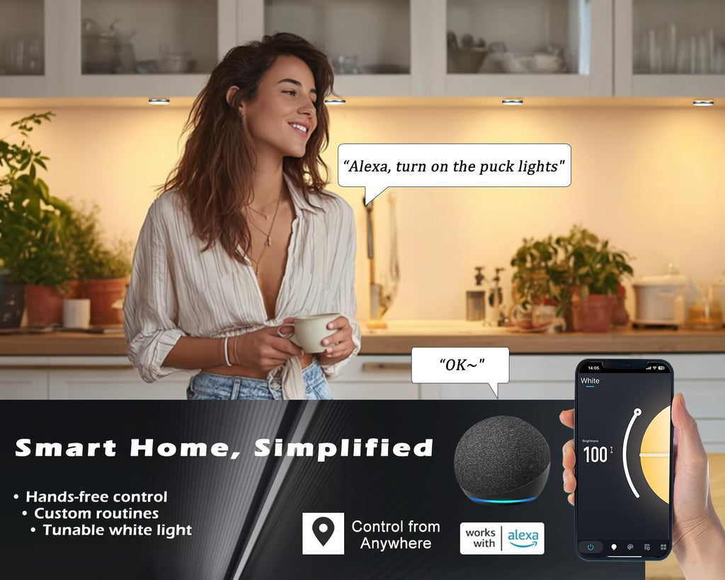 Smart LED Puck Lights 6-Pack, WiFi Alexa Cabinet Display Lighting