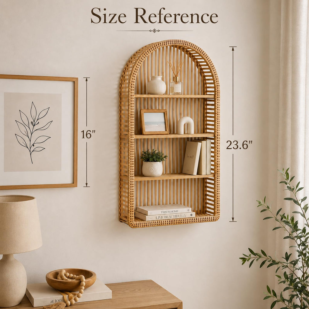 Rattan Wall Shelf 4 Tier Boho Wall Shelf, Arched Decorative Wall Shelf Set