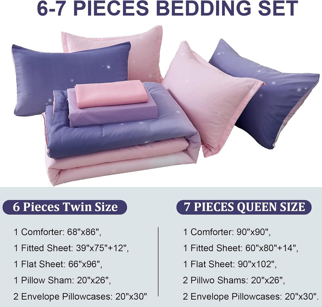 Girls Comforter Set Twin XL/Full Colorful Ombre Pink Rainbow Bedding Set Bed in A Bag for Kid Teen Girls 7 PC (1
