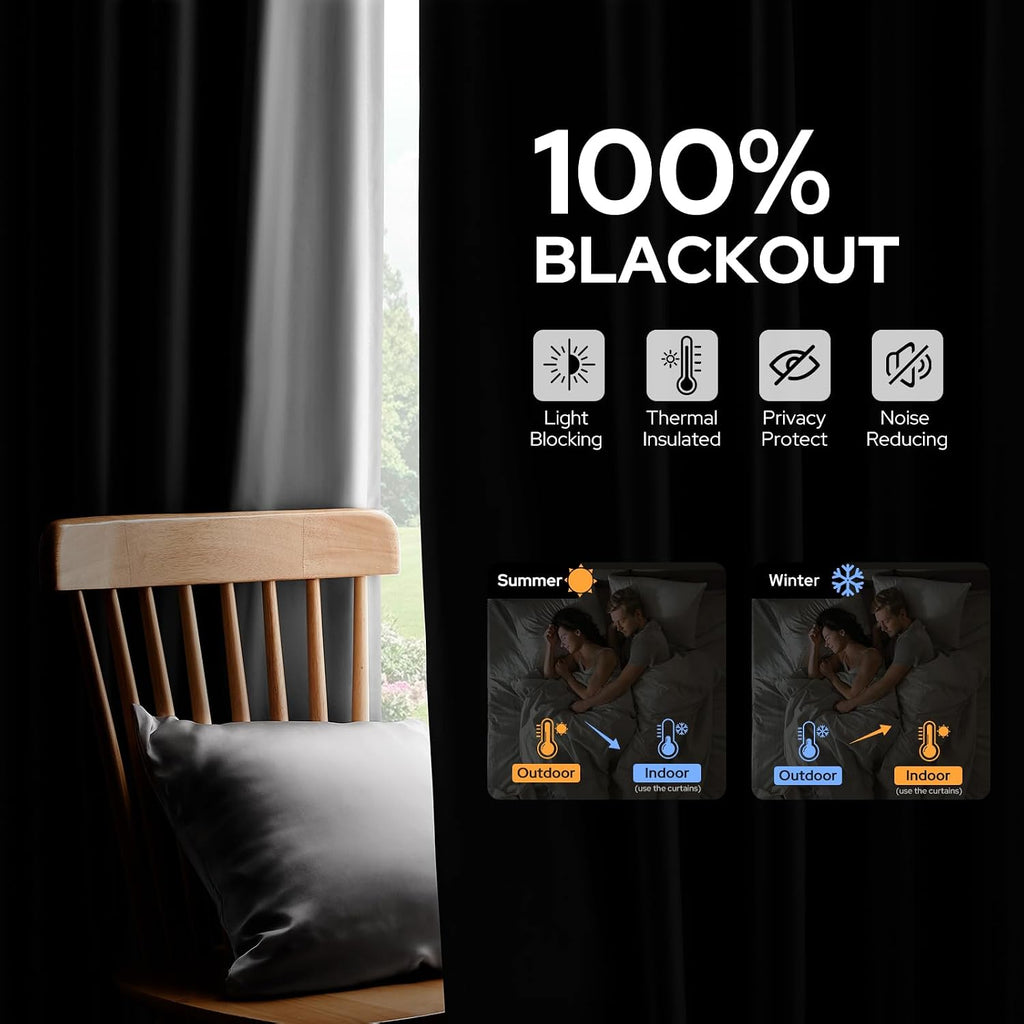 100% Blackout Faux Silk Curtains,Greyish White Noise Reduction Thermal Insulated Room Darkening Window Drapes, Luxury