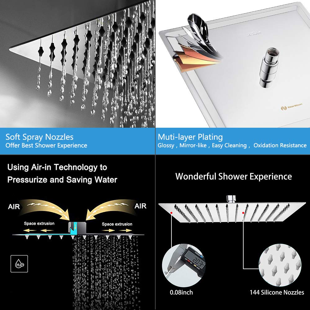 Rain Shower Head, High Flow Stainless Steel Square Rainfall Shower, Waterfall Bath Shower Body Covering, Ceiling or