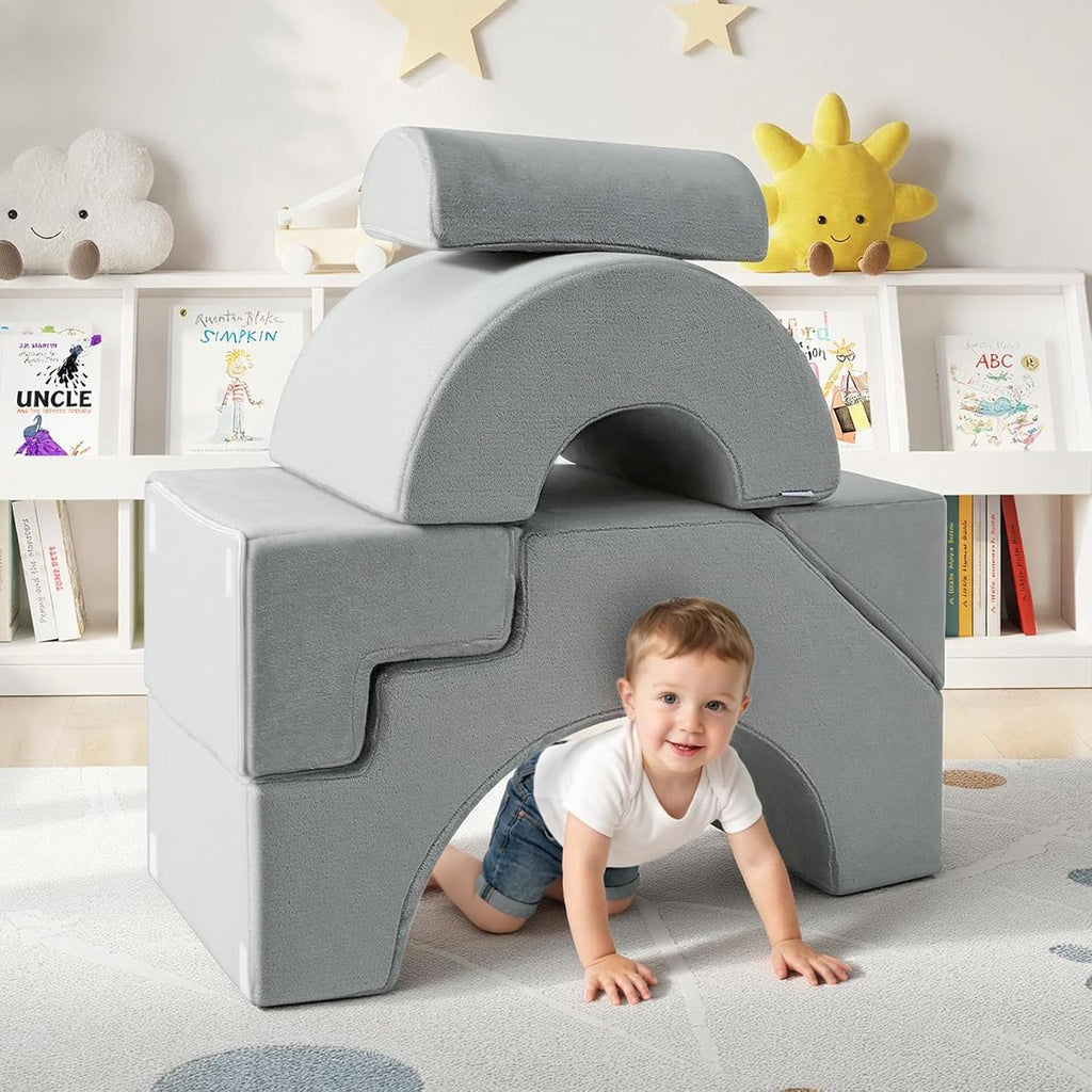 Modular Kids Couch with Slide & Stairs, Foam Play Sofa, Grey