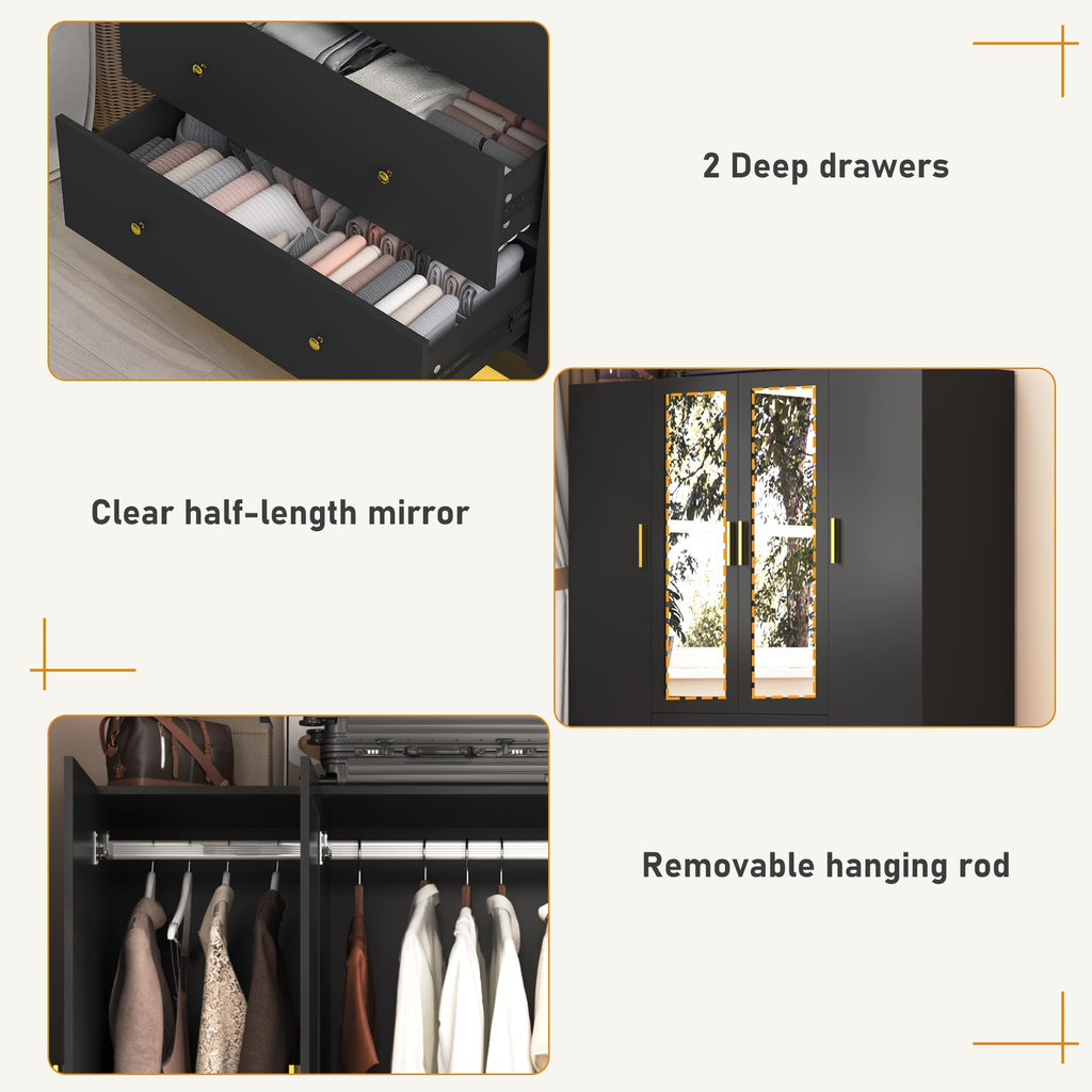 4 Doors Armoire Wardrobe Closet with Mirror, LED Armoire with Doors and Drawers, Wooden Wardrobe Storage Cabinet with