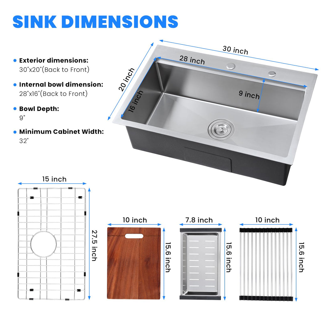 30 x 20 Inch Kitchen Sink, 30 Inch Drop in Workstation Sink