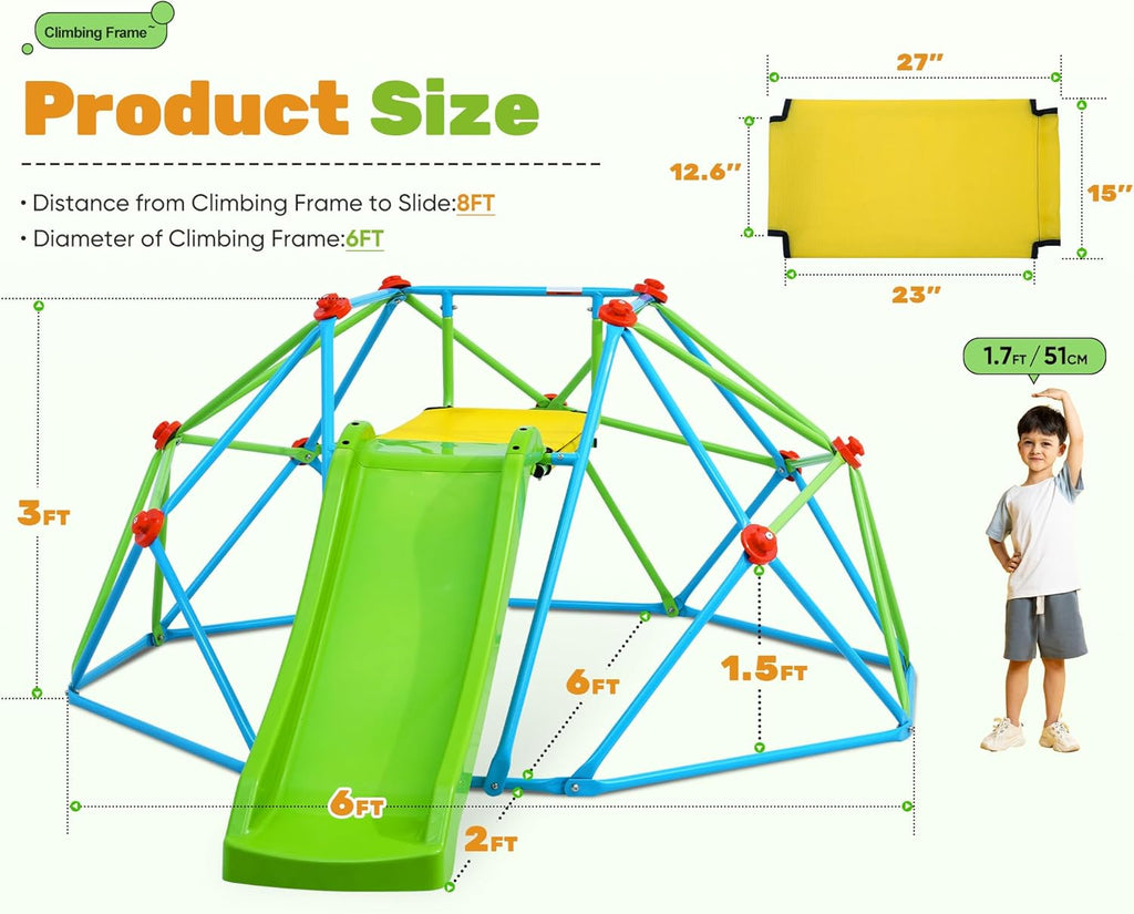 Climbing Dome with Slide Max Load 440Lbs, 8FT Jungle Gym Monkey Bar for Backyard, 2 in 1 Outdoor Climbing Frame Toys