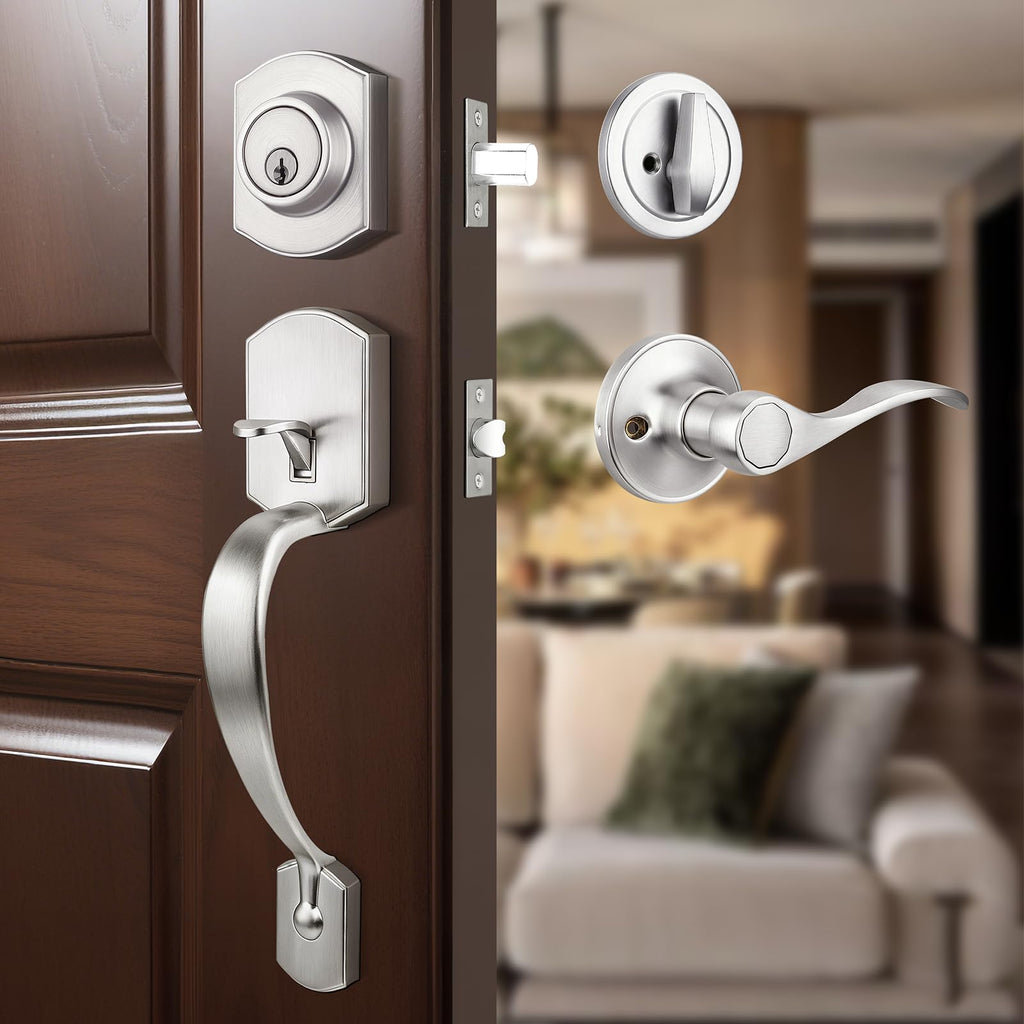 Front Door Lock Set Satin Nickel Door Handle Set, Entry Door Locksets with Deadbolt Single Cylinder Front Door Handle