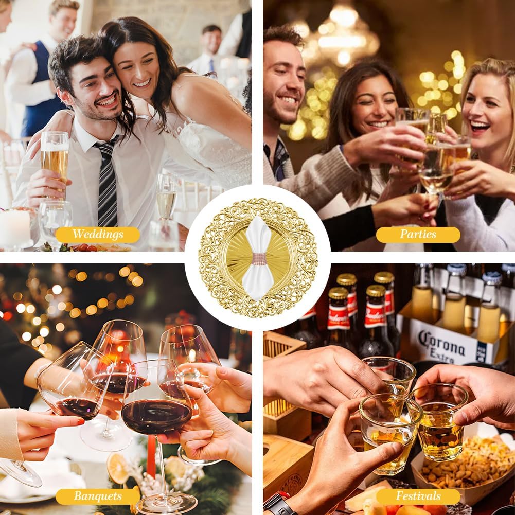 12 Set Gold Charger Plates with 12 Napkin Rings, 13-Inch Stackable Chargers | for Dinner Plates, Perfect for Wedding