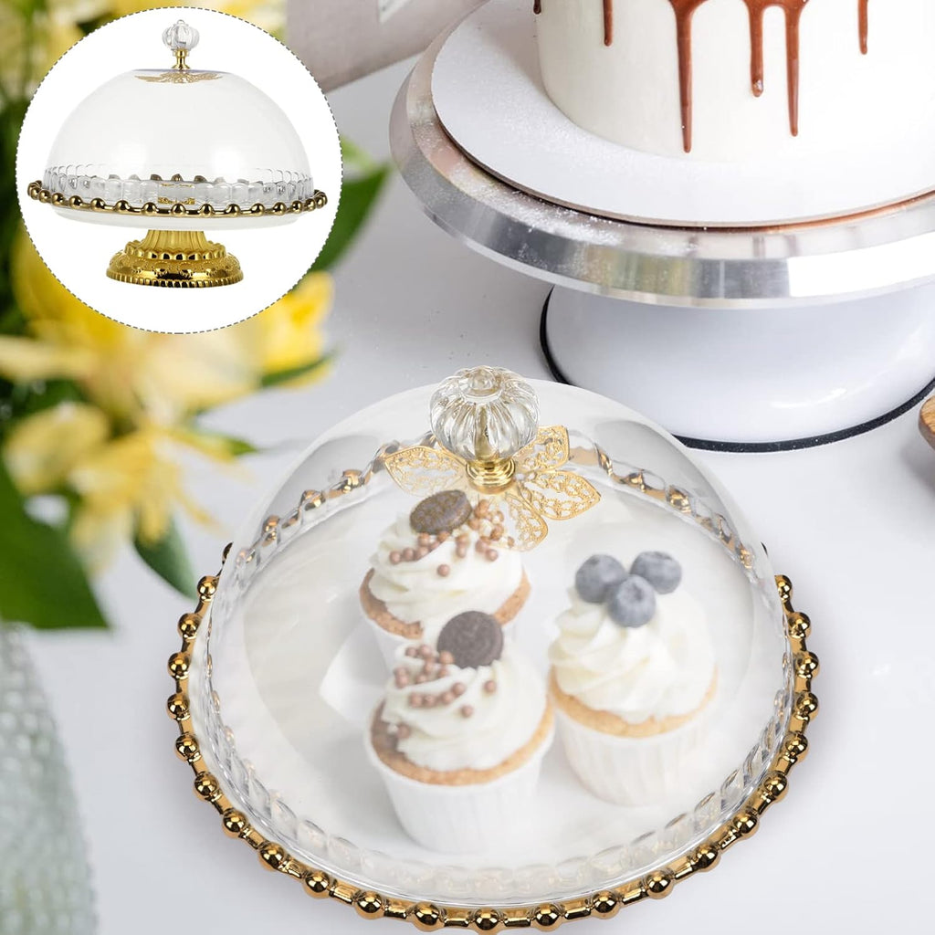 White Round Ceramic Cake Stand with Glass Dome, 8 Inch