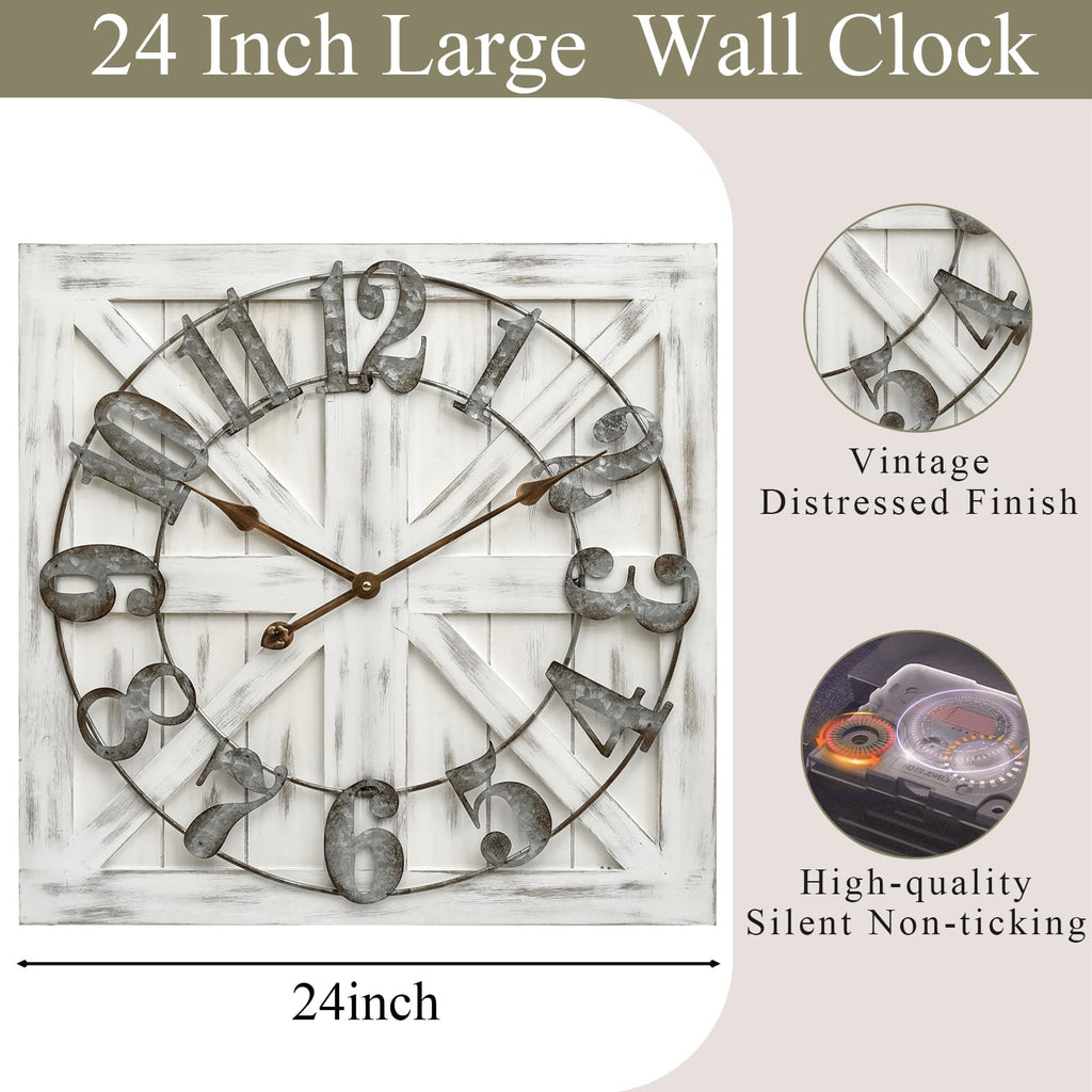24 Inch Large Farmhouse Wall Clock, Rustic White Distressed Wood Frame with X-Brace Barn Door Backing, Silent