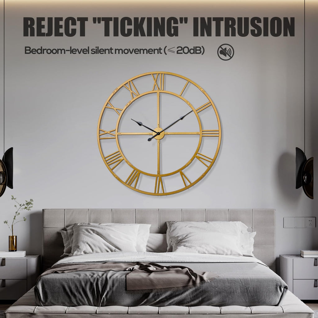 32 Inch Large Silent Wall Clock, Easy Assembly Roman Numeral Gold