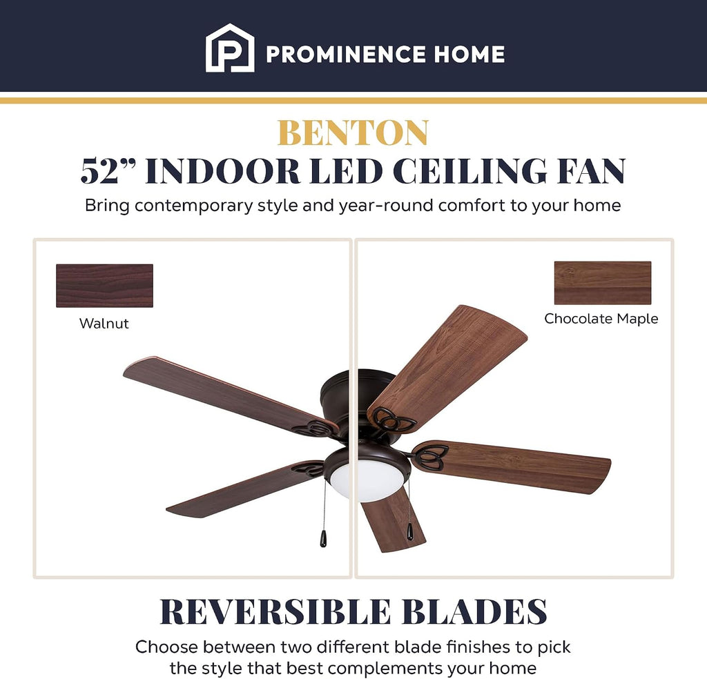 Benton Traditional 52 Inch Ceiling Fan with Light, LED Flush Mount Ceiling Fan, Indoor Fan with 5 Blades