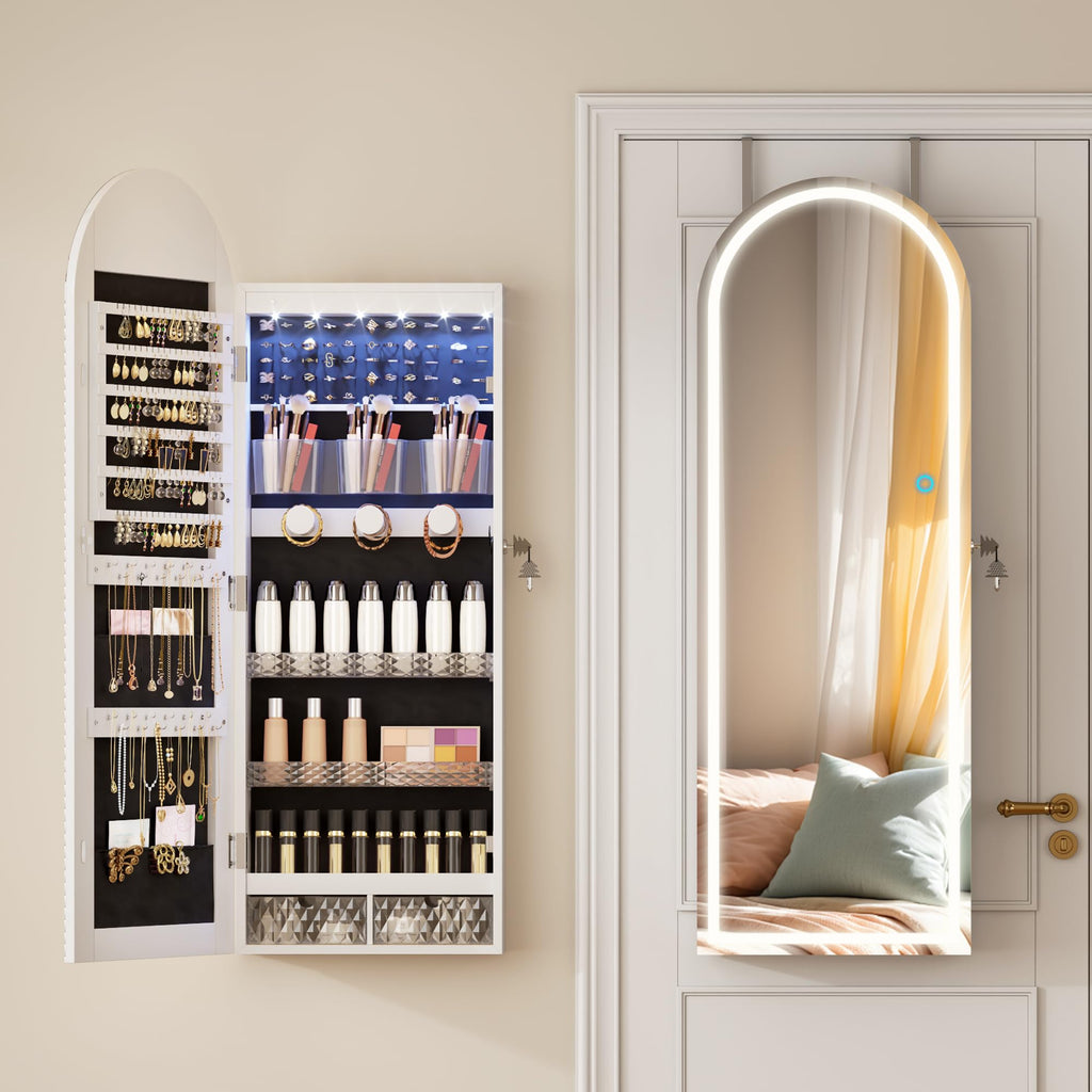 Wall Mounted Jewelry Organizer Lockable, 43"x16" Door Hanging Arched Mirror with Lights and Jewelry Storage, 6 LEDs