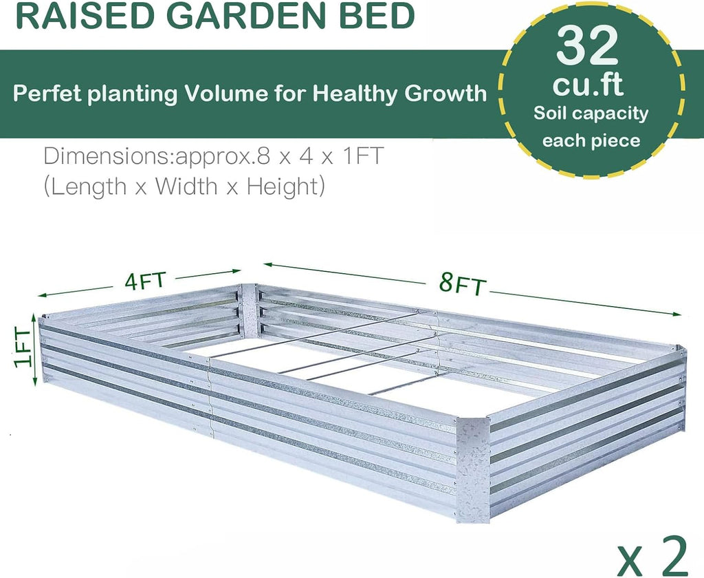 2-Pack Galvanized Raised Garden Bed 8x4x1ft | Above Ground Planter Overlap Panels No-Deform, Anti-Rust, Heavy-Duty